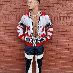 Fashion Nova Red and White Patterned Cardigan